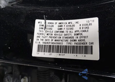 2014 Honda Accord Lx from USA, damaged, VIN 1HGCR2F38EA098603